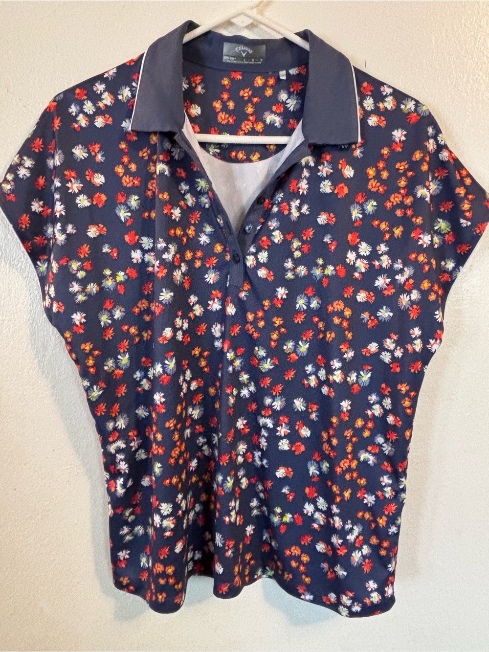 Callaway Navy Floral Polo with Red, Orange, Yellow and White Flower Print Golf